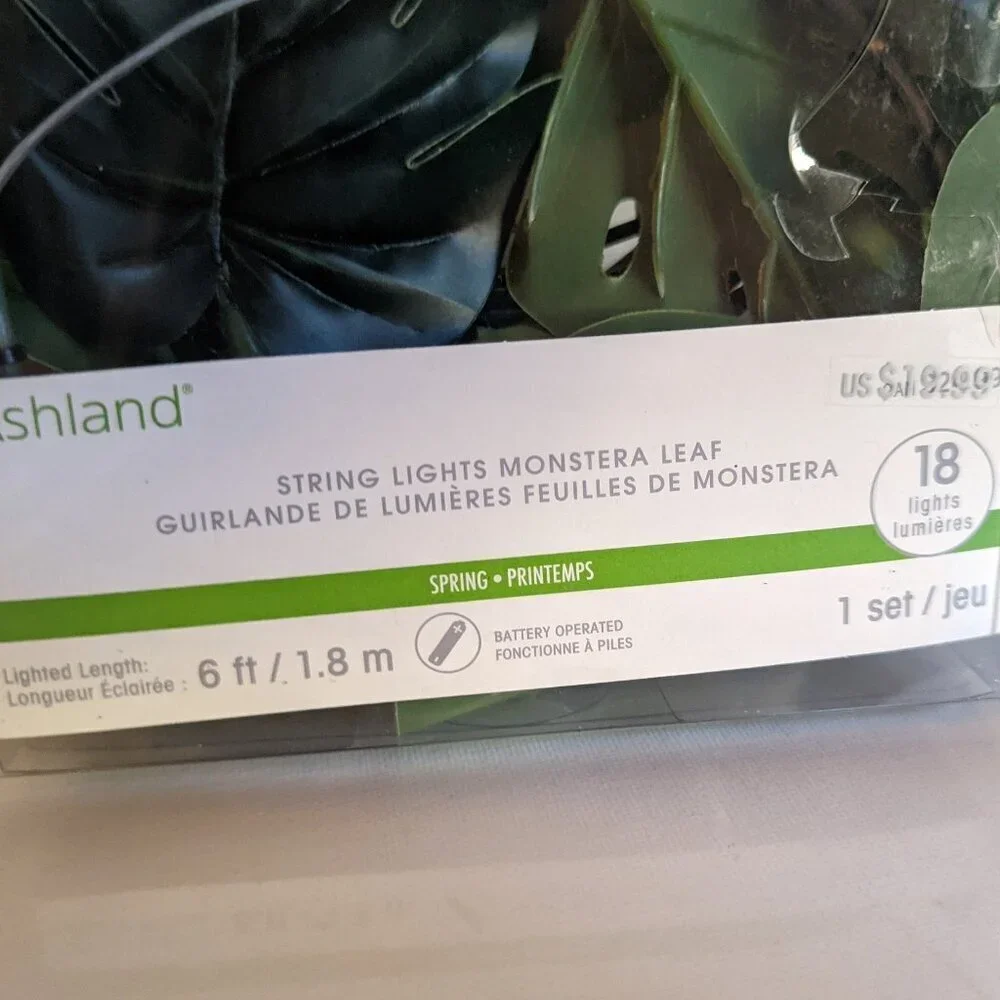 NWT Tropical Monstera Leaves 18 String Lights Timer Summer Home Decor Ashland